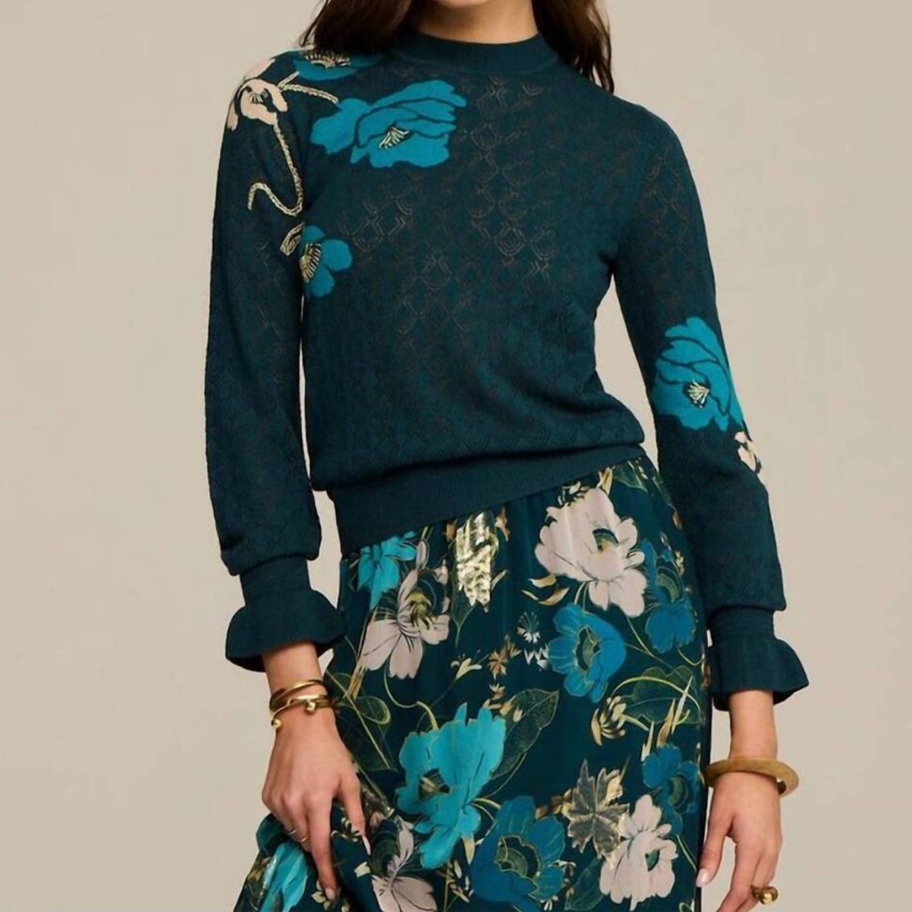 Nwt Figue Patricia Sweater In Blooming Floral Peacock Teal Blue Women's Size Xl